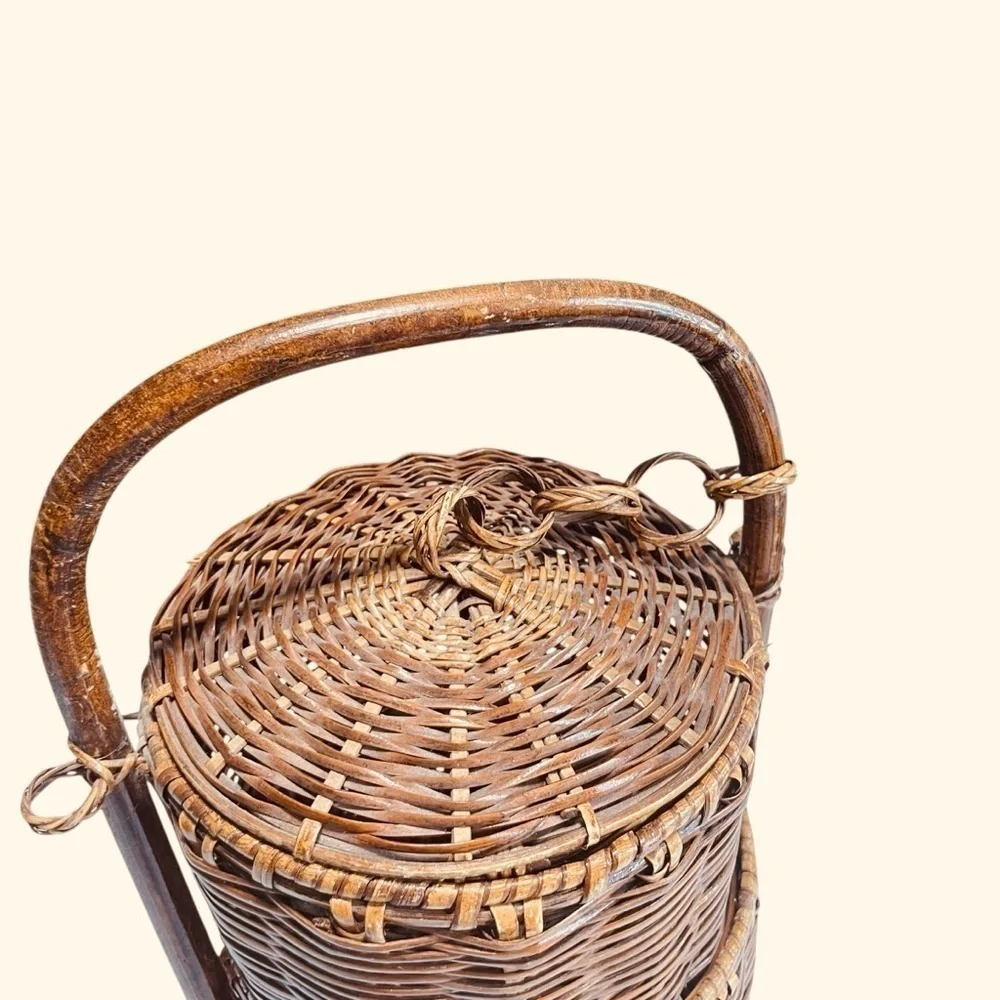 VTG Rattan Chinoiserie 3 Tier Basket with Handle | Rustic Wedding Sewing Basket
